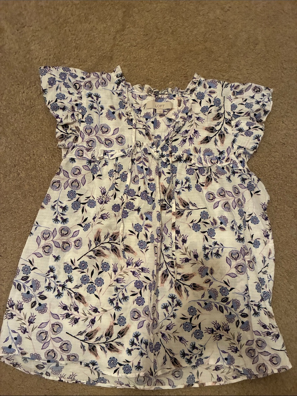 LOFT White Blouse with Blue & Purple Floral Print